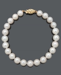 Culture and refinement. Create an elegant look with this polished strand of grade A+, cultured freshwater pearls (7-1/2-8 mm). Clasp crafted in 14k gold. Approximate length: 7-1/2 inches.