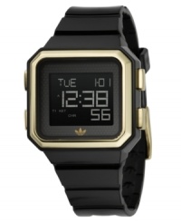 Go back to the basics with this sleek digital wristwatch from adidas. Black polyurethane strap and square black polycarbonate case. Black negative display digital dial with ten-lap memory, chronograph, timer, date and alarm. Quartz movement. Water resistant to 50 meters. Two-year limited warranty.