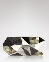 Steel and resin make a strong, faceted statement on this Rafe New York metallic clutch, which is secured by a magnetic closure. It shines this soiree season.