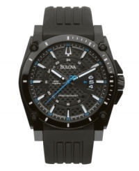 Heavy duty design for extreme function and accuracy, by Bulova. Part of the Precisionist collection, watch keeps time accurate to ten seconds a year. Round black-plated stainless steel case and black rubber strap. Black lugs at four corners of crown. Carbon dial with applied index features silvertone stick indices, date window at three o'clock, luminous hour and minute hands, blue continuously sweeping second hand and logo. Quartz movement. Water resistant to 300 meters. Three-year limited warranty.