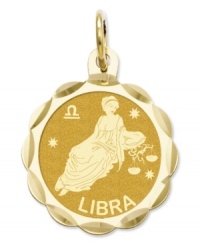 Tell everyone your sign in style! This scalloped and polished disc charm features the Libra Zodiac in 14k gold. Chain not included. Approximate length: 9/10 inch. Approximate width: 3/5 inch.