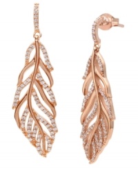 Light as a feather, and twice as glamorous! CRISLU's stunning feather earrings feature an intricate cut-out design accented by micro pave-set cubic zirconias (2-1/5 ct. t.w.). Set in 18k rose gold over sterling silver. Approximate drop: 1-1/2 inches.