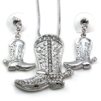 Lucky Western Cowboy Boots Charm Pendant Necklace & Earrings 2-piece Set High Polish Silver Tone Jewelry