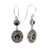 925 Silver & Smoky Quartz Oval Scroll Earrings with 18k Gold Accents