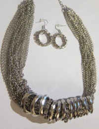 Multiple Silver Plated Chain Choker Necklace with Matching Earrings