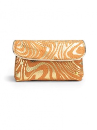 THE LOOKZebra-inspired metallic swirls on canvasPetite rectangular silhouetteSnap flap closureSignature goldtone S studUnfolds to reveal two clear zip pocketsInside logo printTHE MEASUREMENT7¾W X 4½H X 2¼DTHE MATERIALCanvasFully linedORIGINImported