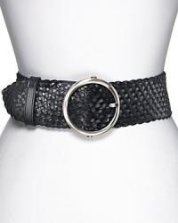 Cole Haan's wide braided belt is in their signature artisan weave with smooth black leather keeper and stitched border.