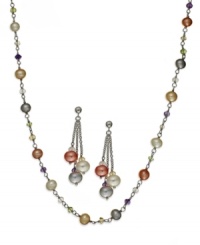 Freshen your look with some lively color. This matching jewelry set from Fresh by Honora features citrine (1-1/3 ct. t.w.), amethyst (1-1/6 ct. t.w), peridot (1-1/3 ct. t.w.) and rose quartz (1-1/6 ct. t.w.) with shimmering cultured freshwater pearls (6-7 mm) in white raspberry, grey and champagne hues. Approximate length: 18 inches. Approximate drop: 1-1/2 inches.