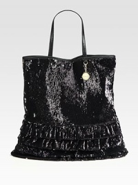 Shine from day to night with this roomy sequined tote bag, featuring bottom ruffles and smooth leather handles. Double leather top handles, 7 dropMagnetic snap closureOne inside zip pocketCotton lining13¼W X 14½H X 2DMade in Italy