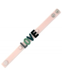 Love at first sight. BCBGeneration's affirmation bracelet delivers a delightful message while embracing style at the same time. Crafted from multi-tone green mixed metal on a blush-colored rubber bracelet. Approximate length: 8 inches.