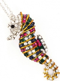 Fancy Large 2 Long Colorful Blue, Green, Hot Pink, Clear Crystal Embellished Seahorse Ocean Themed Pendant and Necklace