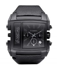 Step into the future with this ultra-modern watch by Diesel. Black leather strap and square black ion-plated stainless steel case, 56x52mm. Black chronograph dial features digital display at left and analog display at right with silvertone stick indices, date window, three subdials and logo. Quartz movement. Water resistant to 50 meters. Two-year limited warranty.