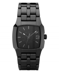 Menswear-inspired design with bold, feminine appeal. Watch by Diesel crafted of black ceramic bracelet and square case, 37x39mm. Black dial features applied logo plate, numeral at three o'clock, stick indices and three hands. Quartz movement. Water resistant to 50 meters. Two-year limited warranty.