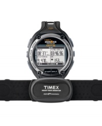 The ultimate training tool, by Timex. The Iron Man Global Trainer watch with heart rate monitor features a black resin case and strap. Digital display dial measures pace, speed, and distance in real-time, allowing athletes to measure, review and advance their performance. Quartz movement. Water resistant to 50 meters. One-year limited warranty.