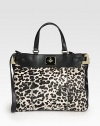 Abstract animal print hair calf trimmed in supple leather with goldtone hardware.Double leather top handles, 6½ dropDetachable leather shoulder strap, 19 dropTurnlock closureOne inside zip pocketTwo inside open pocketsSatin lining14W X 11H X 4½DImported