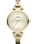 This boyfriend-inspired Georgia collection watch by Fossil showcases feminine details with a slim bracelet and golden tones.