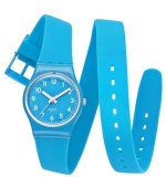 Wrap your wrists in sporty style with this bright silicone Lady Cyan collection Swatch watch.