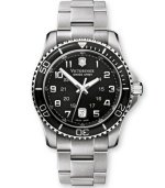 Make a lasting impression with this durable, multifunctional watch from Victorinox Swiss Army. Stainless steel bracelet and round case with anti-reflective sapphire crystal and bi-directional rotating bezel. Black dial features logo, date window at six o'clock, luminous hands and numeral indices. Swiss movement. Water resistant to 100 meters. Three-year limited warranty.