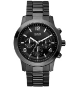 A contemporary chronograph watch that goes bold in black, by GUESS.