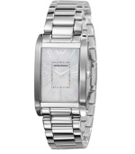 Classic good taste for every day. Watch by Emporio Armani crafted of stainless steel bracelet and rectangular case. Mother-of-pearl dial features silver tone Roman numerals at markers, black minute track, two silver tone hands and logo. Quartz movement. Water resistant to 30 meters. Two-year limited warranty.