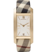 This Burberry watch features a Haymarket check fabric strap and rectangular gold ion-plated stainless steel case. White sunray dial with inner check-patterned dial featuers gold tone Roman numerals at twelve and six o'clock, stick indices, minute track, two hands and logo. Swiss made. Quartz movement. Water resistant to 30 meters. Two-year limited warranty.