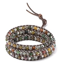 Simple yet eclectic. This Chan Luu leather wrap bracelet refines bohemian style with its mix of semi-precious gemstones and striking crystals.