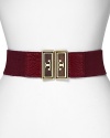 With gold-tone hardware, Tory Burch's elastic belt is a logo-stamped pick-up. For easy elegance, wear it over a classic day dress with gleaming extras.