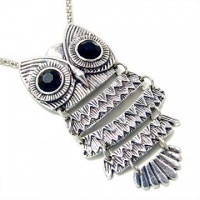 Unique ZAD Large Antique Silver Tone Owl with Black Eyes on Long 30 Chain