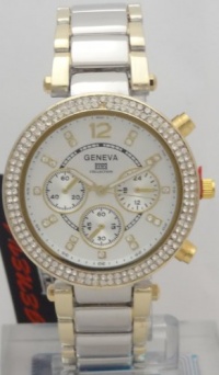 Geneva Quartz Watch Chronograph-style Look Gold N silver 2tone Band With Rhinestone MK5353