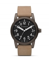 Burberry's military-inspired round-faced watch boasts a classic British look with surplus quality, a fact that makes it a spot-on timepiece for urban adventures.