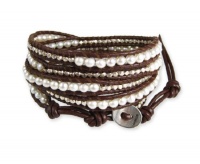 Chan Luu Pearl Combo White and Silver Brown Leather Wrap Bracelet