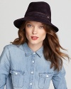 Eric Javits gives the fedora a seasonal spin in sophisticated velour with a felt band and gold logo.