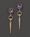 At once edgy and glamorous, these 18K yellow gold Gucci earrings show off a spiked shape accented with amethyst.