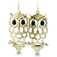 GOLD TONE OWL EAR W/BLK Delicate Gold Tone Perched Owl Dangle Earrings