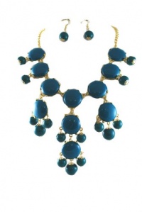 Gorgeous and Chunky Aqua Blue Bubble Necklace and Earrings Set Bright Gold Tone