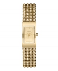 Tell time with rows of shine, thanks to this brilliant DKNY watch. Bracelet crafted from four rows of crystal set in goldtone stainless steel and rectangular case. Champagne dial features goldtone hands, stick indices and logo. Quartz movement. Water resistant to 50 meters. Two-year limited warranty.