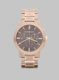 Sleek stainless steel case and link bracelet with warm rose goldtone accents and a signature check stamped dial.Quartz movementChronograph dialRound bezelWater resistant to 5ATMDate display at 4 o'clockSecond handStainless steel case: 42mm(1.65)Stainless steel link braceletImported