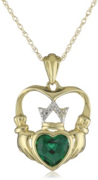 XPY 14k Yellow Gold Created Emerald and Diamond Claddagh Pendant