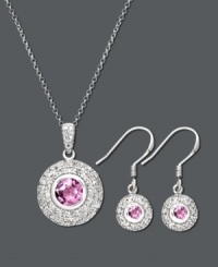 Exquisite elegance. This sparkling trio by Victoria Townsend will bring new life to an ordinary ensemble. Crafted in sterling silver, three circular drops feature vibrant round-cut amethyst (2-1/3 ct. t.w.) with a halo of sparkling diamond accents. Approximate length: 18 inches. Approximate pendant drop: 1 inch. Approximate earring drop: 1-1/8 inches.