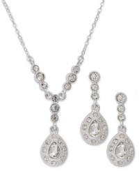 Teardrop silhouettes are cheered up with shimmering crystal accents on Charter Club's necklace and earring set. Crafted in silver tone mixed metal. Approximate length (necklace): 14 inches + 2-inch extender. Approximate drop (both): 1-3/4 inches.