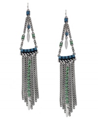 Silver-plated chains and sea-inspired turquoise accents give these Jessica Simpson chandelier earrings a fun yet sophisticated allure. Approximate drop: 6 inches.