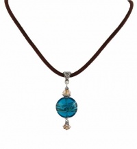 Necklace - N483 - Round Shape Murano Style Glass with Swarovski Crystal Dangles ~ Teal Blue and Copper Stripe