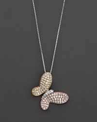 A blend of white, yellow and rose gold bring a blush of luxurious color to this beautiful diamond butterfly pendant.