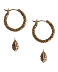 Need help making up your mind? Lucky Brand is here with this golden earrings set that includes textured hoops and sculpted feather studs. Crafted in gold tone mixed metal. Approximate diameter (stud): 1/5 inch. Approximate diameter (hoop): 1/2 inch.