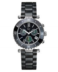 An iconic style with the functionality of a sports watch. This Gc Swiss Made Timepieces watch features a high-tech black ceramic bracelet with a deployment clasp and two-side pushers. Polished stainless steel and ceramic case. Black ceramic bezel. Black chronograph mother-of-pearl dial with logo, date window, three subdials and silvertone roman numerals. Swiss quartz movement. Swiss made. Water resistant to 100 meters. Ten-year limited warranty. Luxury Gc gift box packaging included.