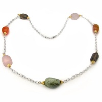 Westport Gems and Pearl Sterling Silver Link Chain with Multi Gemstone Green Prenyte, Rose Quartz, Orange Carnelian & Smokey Quartz 24 Necklace