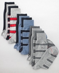 A blend of cotton, spandex, and polyester fabrics provide the ultimate hug for your foot. The Tommy Hilfiger logo accents the top of this 4 pack of striped and solid socks.