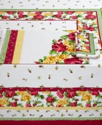 Full of life, the Rose Bud Kiss tablecloth mixes dainty buds and luscious blossoms with colorful geometrics in a machine washable blend to outfit your table with ease. From Homewear.