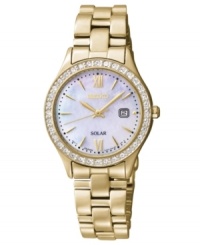 A shimmering and golden Solar collection watch from Seiko that harnesses natural light for lasting precision.