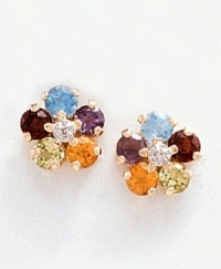 With a rainbow of color, these flower-shaped earrings feature glittering diamond centers (.85 ct. t.w.) surrounded by an assortment of semi-precious stones set in 14k gold. Includes amethysts, garnets, blue topaz, peridot and citrine.